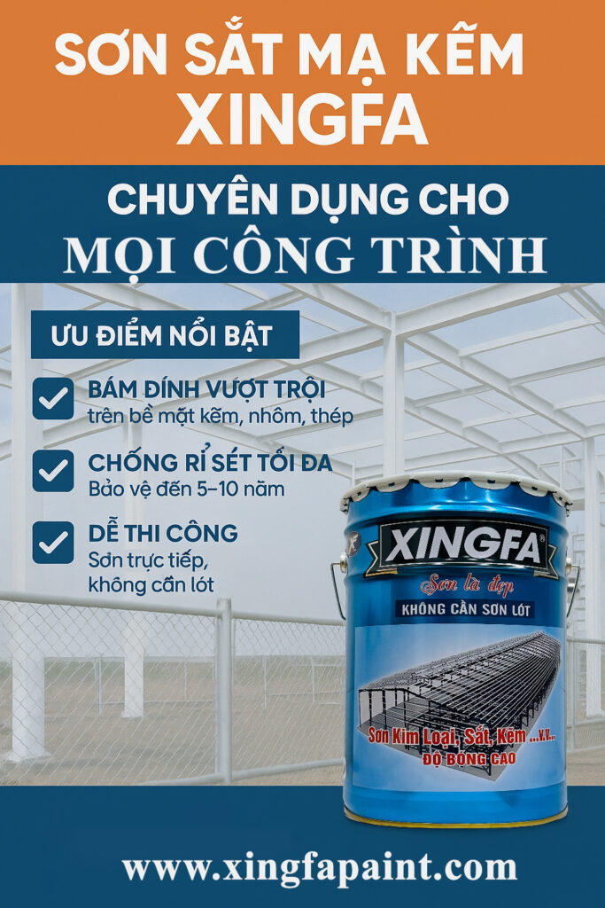 Sơn sắt mạ kẽm Xingfa là gì? Giải pháp tối ưu cho công trình hiện đại Sơn mạ kẽm Xingfa là dòng sơn chuyên dụng giúp bảo vệ bề mặt kim loại mạ kẽm như ống thép, mái tôn, hàng rào… khỏi rỉ sét, bong tróc và bạc màu. Nhờ khả năng bám dính cực tốt mà không cần sơn lót, chịu thời tiết vượt trội và bề mặt mịn đẹp như sơn tĩnh điện, sản phẩm được tin dùng trong thi công dân dụng và công nghiệp. ✅ Ưu điểm nổi bật: Chống rỉ – chịu thời tiết – không bong tróc Thi công nhanh – tiết kiệm chi phí Thẩm mỹ cao – màu sắc đa dạng, sang trọng Với các dòng sơn 1K, 2K, và đa năng 24H, XINGFA mang đến giải pháp toàn diện cho mọi công trình!